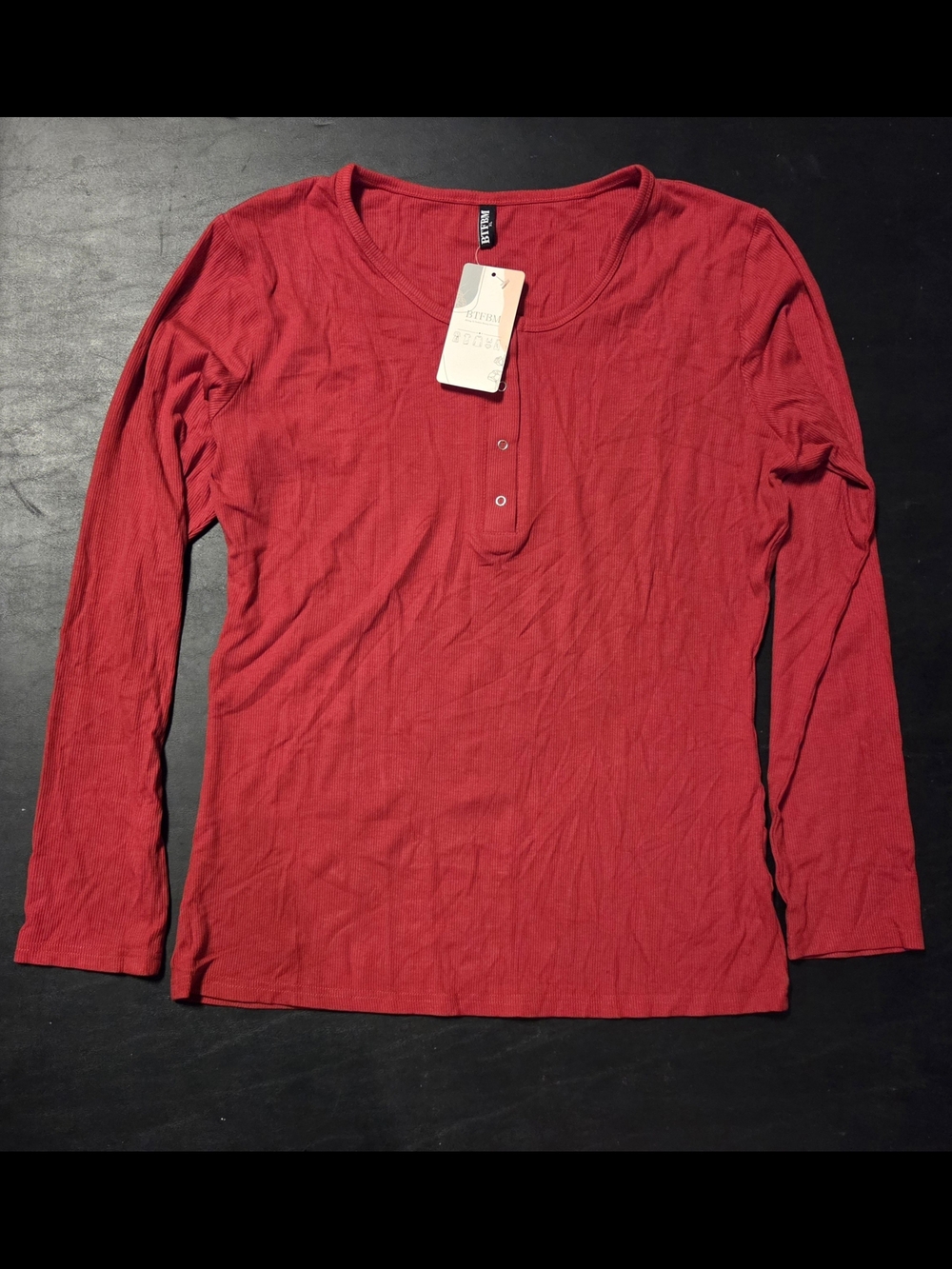 Women's Red Long Sleeve Henley Tee